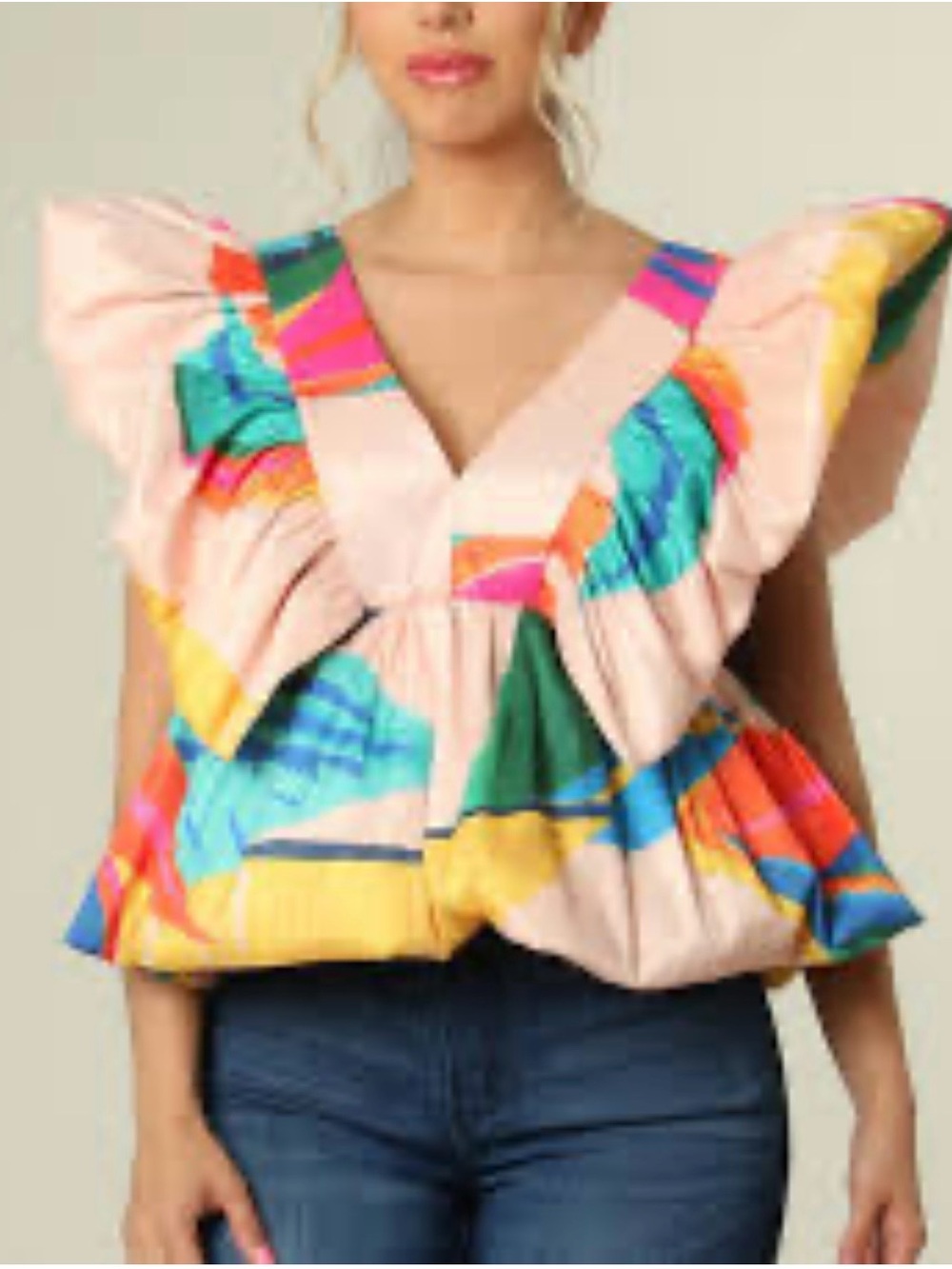 V-Neck Flutter Sleeve Printed Women's Blouse - Multi